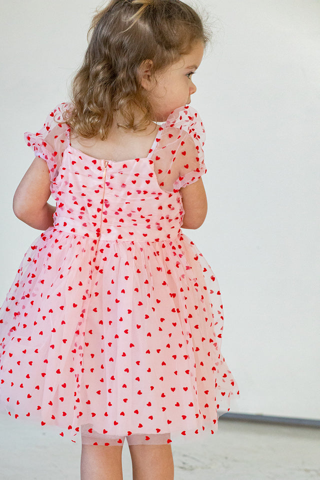 Girl's Pink Tulle and Red Hearts Puff Sleeve Dress with Ruched Chest Detail
