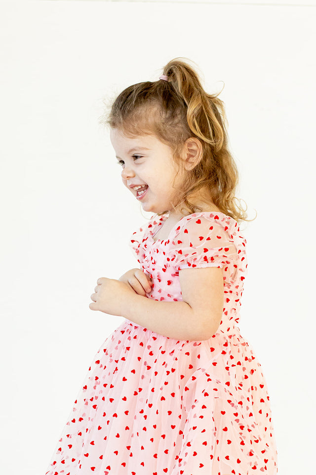Girl's Pink Tulle and Red Hearts Puff Sleeve Dress with Ruched Chest Detail