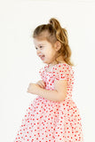 Girl's Pink Tulle and Red Hearts Puff Sleeve Dress with Ruched Chest Detail