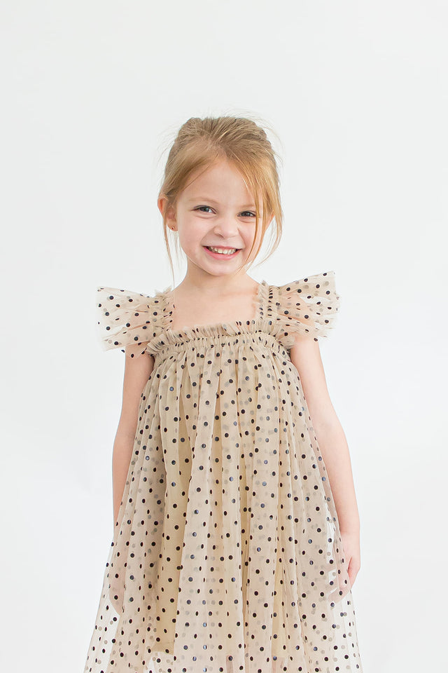 Girl's Tan and Black Polka Dot Tulle Butterfly Applique Dress