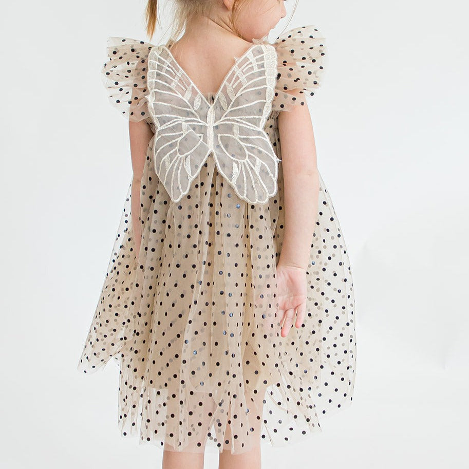 little girls black and tan tulle dress with lace butterfly