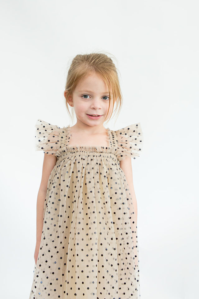 Girl's Tan and Black Polka Dot Tulle Butterfly Applique Dress