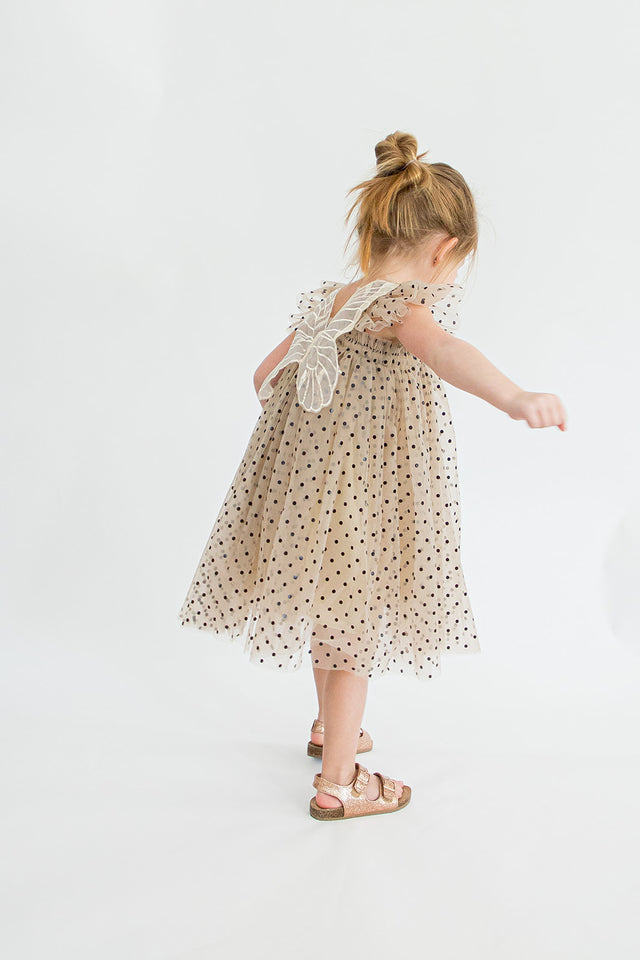 Girl's Tan and Black Polka Dot Tulle Butterfly Applique Dress