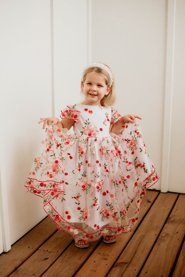 Little Girl's Pink and Orange Rose Floral Tulle Flower Girl Dress