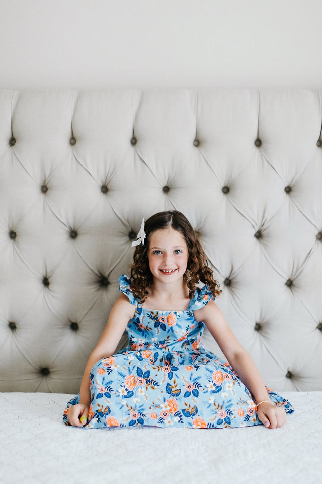 Little Girl's Blue and Orange Floral Rifle Paper Ruffle Twirl Dress