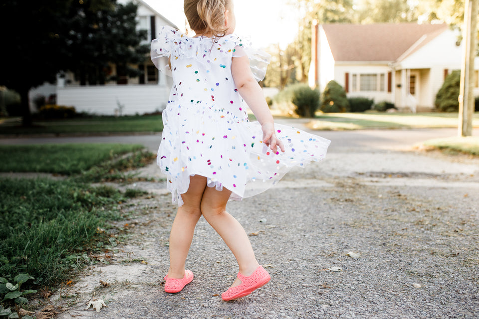Little Girl's White Tulle Confetti Polka Dot Party Dress