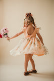 Little Girl's Peach and Green Floral Lace Flutter Sleeve Flower Girl Dress