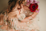 Little Girl's Peach and Green Floral Lace Flutter Sleeve Flower Girl Dress