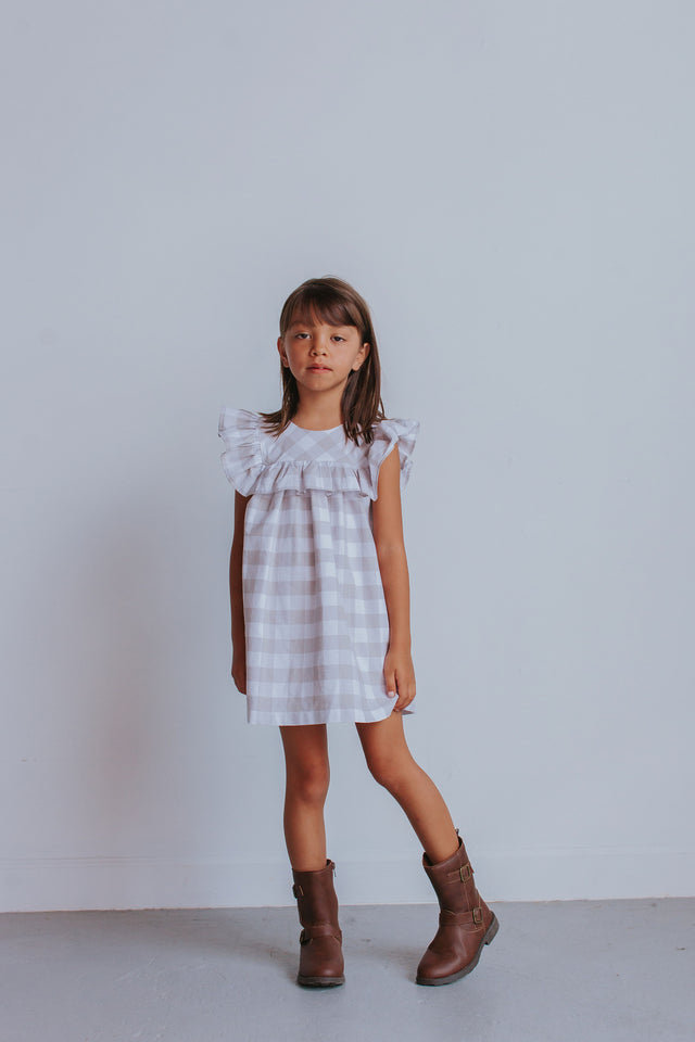 Little Girl's Gray-Beige Plaid Ruffle Cotton Dress