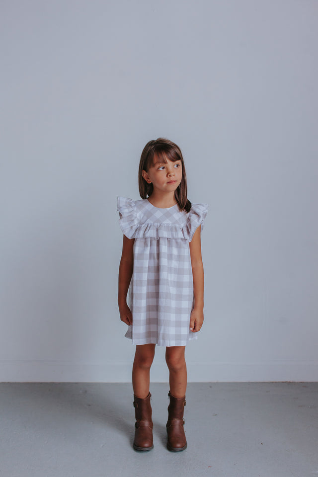 Little Girl's Gray-Beige Plaid Ruffle Cotton Dress