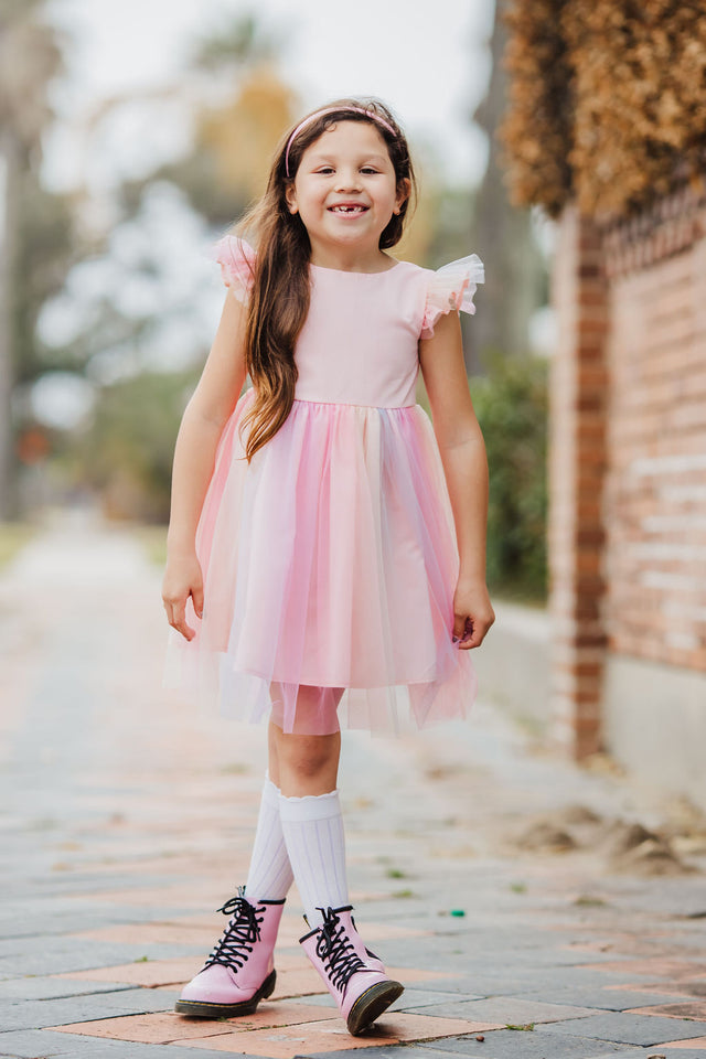 Little Girl's Pink Ombre Flutter Sleeve Tulle Dress