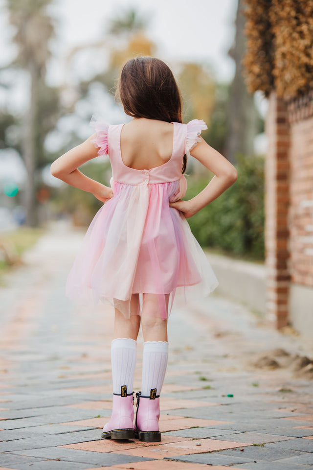 Little Girl's Pink Ombre Flutter Sleeve Tulle Dress