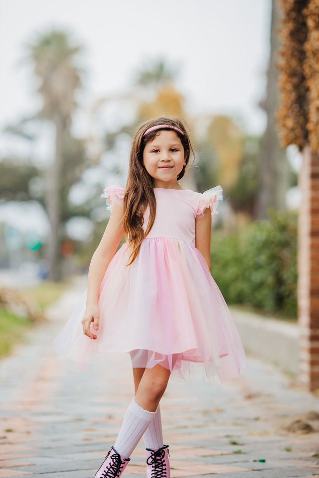 Little Girl's Pink Ombre Flutter Sleeve Tulle Dress