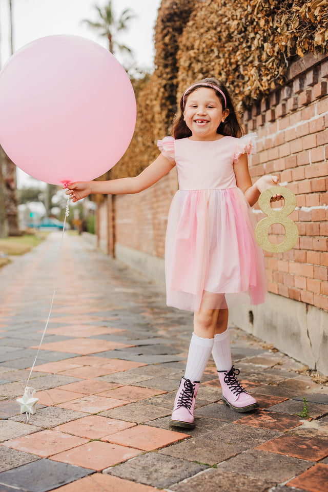 Little Girl's Pink Ombre Flutter Sleeve Tulle Dress
