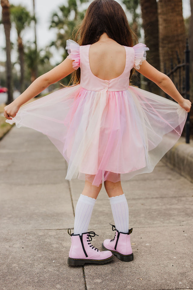 Little Girl's Pink Ombre Flutter Sleeve Tulle Dress