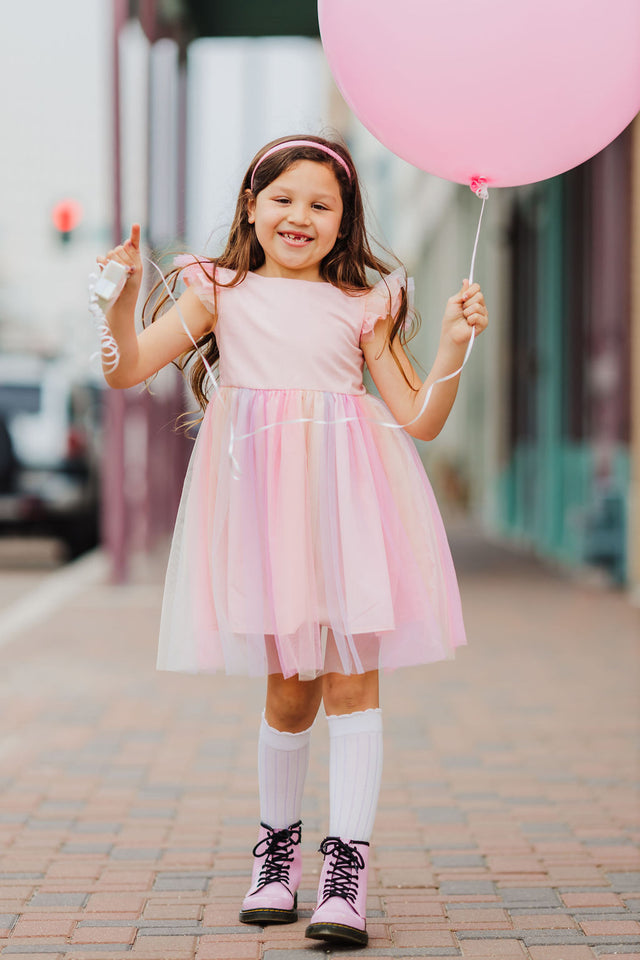 Little Girl's Pink Ombre Flutter Sleeve Tulle Dress