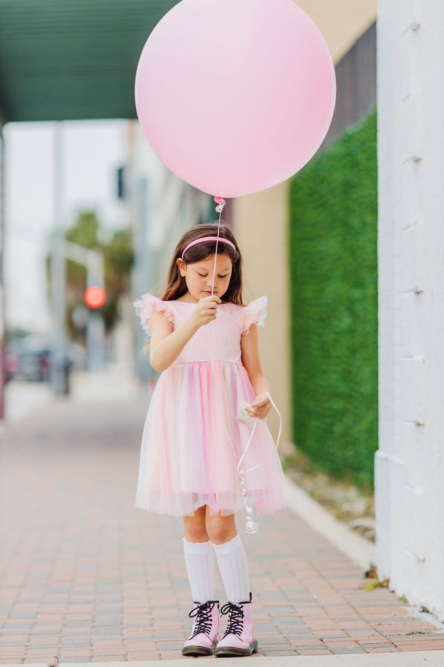 Little Girl's Pink Ombre Flutter Sleeve Tulle Dress