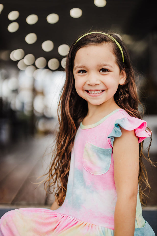 Little Girl's Tie Dye Ruffle Jersey Cotton Three Pocket Dress