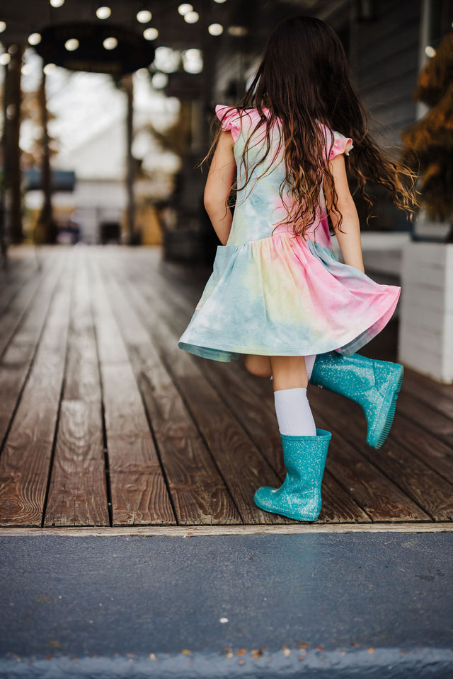 Little Girl's Tie Dye Ruffle Jersey Cotton Three Pocket Dress