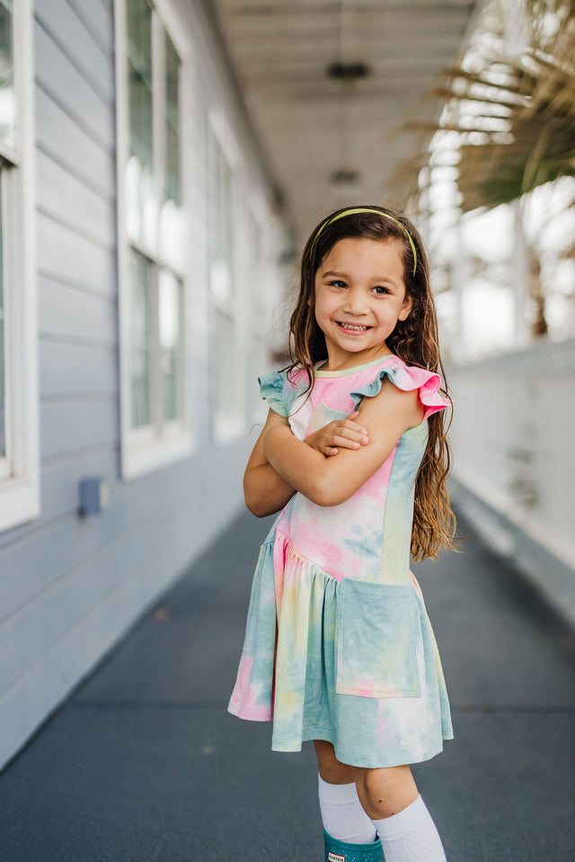Little Girl's Tie Dye Ruffle Jersey Cotton Three Pocket Dress