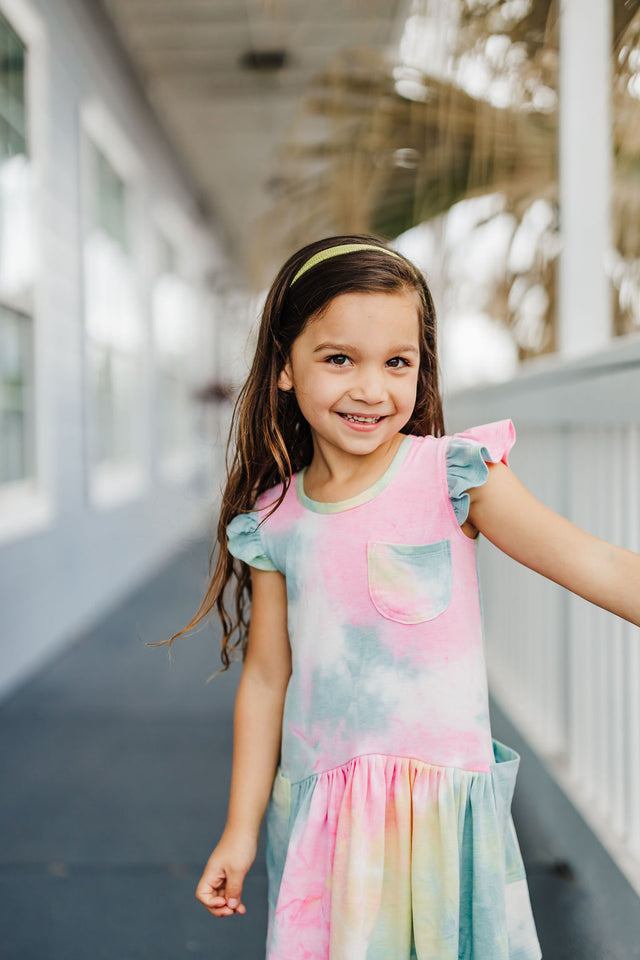 Little Girl's Tie Dye Ruffle Jersey Cotton Three Pocket Dress