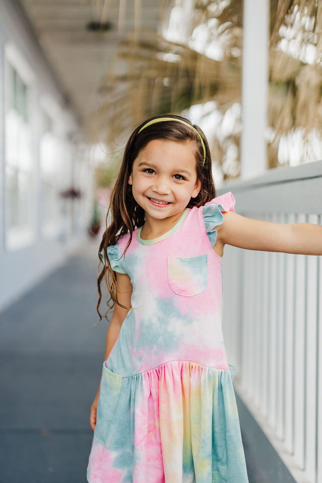 Little Girl's Tie Dye Ruffle Jersey Cotton Three Pocket Dress