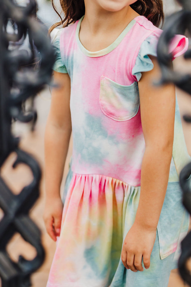 Little Girl's Tie Dye Ruffle Jersey Cotton Three Pocket Dress