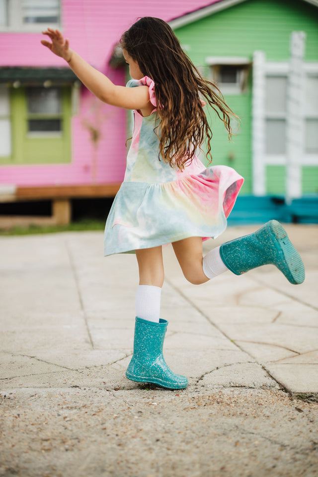 Little Girl's Tie Dye Ruffle Jersey Cotton Three Pocket Dress