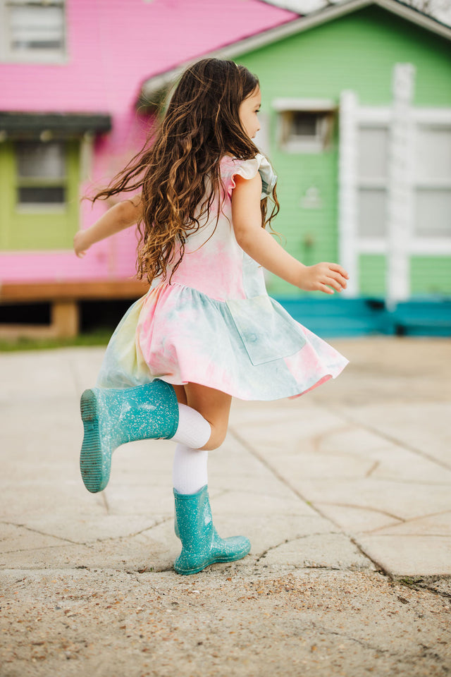 Little Girl's Tie Dye Ruffle Jersey Cotton Three Pocket Dress