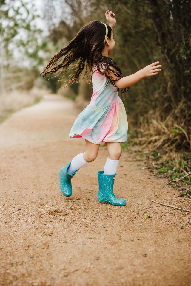 Little Girl's Tie Dye Ruffle Jersey Cotton Three Pocket Dress