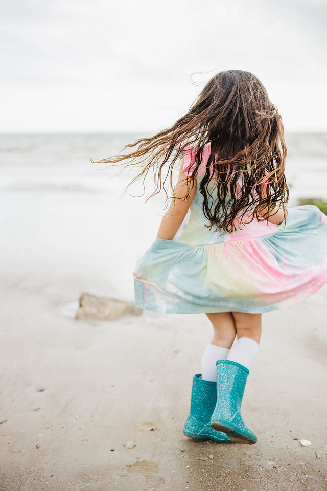 Little Girl's Tie Dye Ruffle Jersey Cotton Three Pocket Dress