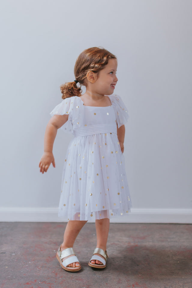girls white and gold tulle dress