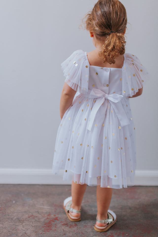 Girl's White Tulle and Gold Polka Dot Flutter Sleeve Special Occasion Dress