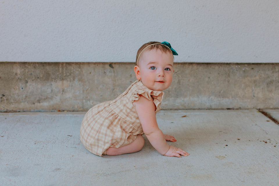 Infant Girl's Beige Plaid Ruffle Sleeve Bubble Romper