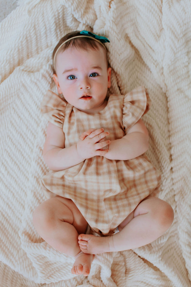 baby girl beige plaid bubble romper