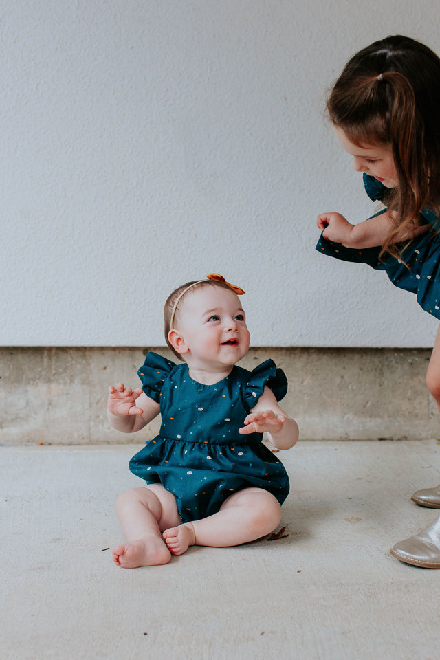 Infant Girl's Navy Stargazing Print Ruffle Sleeve Bubble Romper