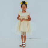 Girl's Yellow Silk and Tulle Flutter Sleeve Flower Girl Dress