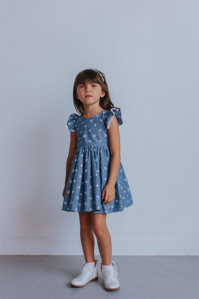 Little Girl's Chambray Star Print Cutout Dress
