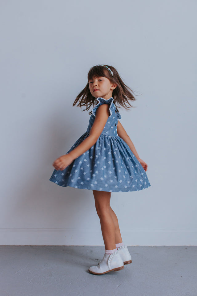 Little Girl's Chambray Star Print Cutout Dress