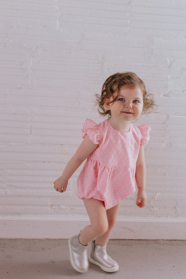 swiss dot pink bubble romper