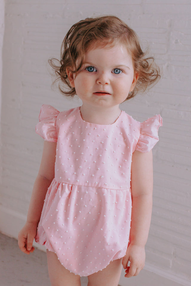 infant girl's pink swiss dot bubble romper