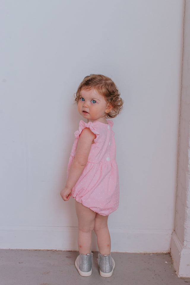 Infant Girl's Pink Swiss Dot Cotton Bubble Romper