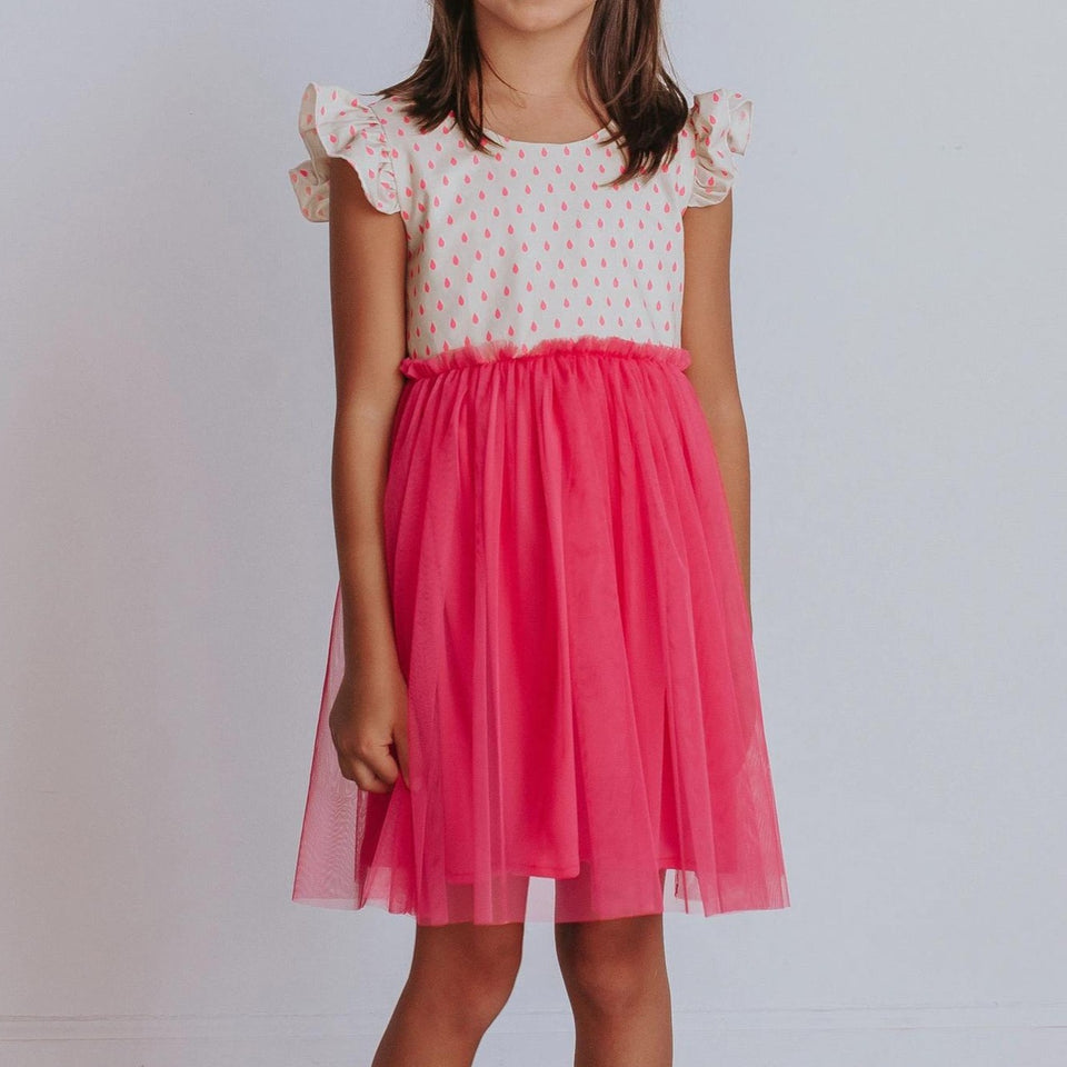 Little Girl's Bright Pink Raindrop Print Ruffle Cotton Dress