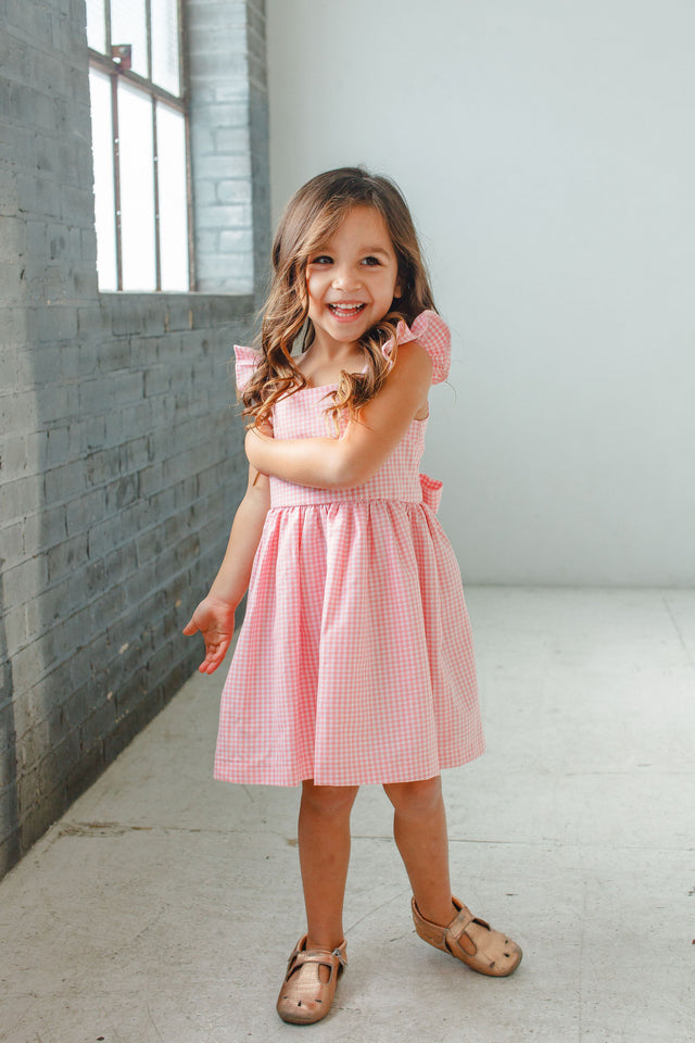 Little Girl's Pink Gingham Flutter Sleeve Dress