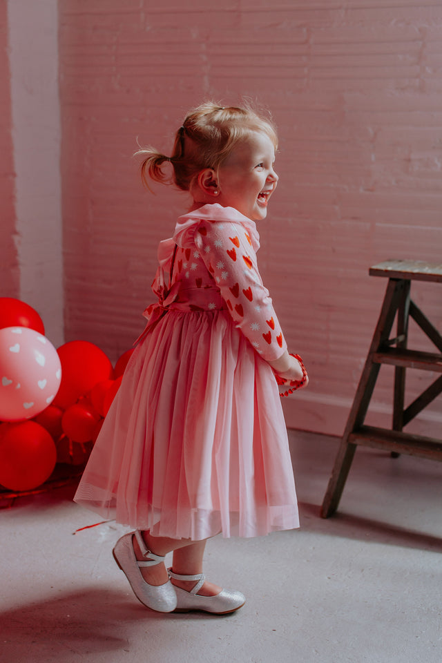 Little Girl's Pink and Red Tulip Hearts Cotton Twirl Dress with Pink Soft Tulle Skirt