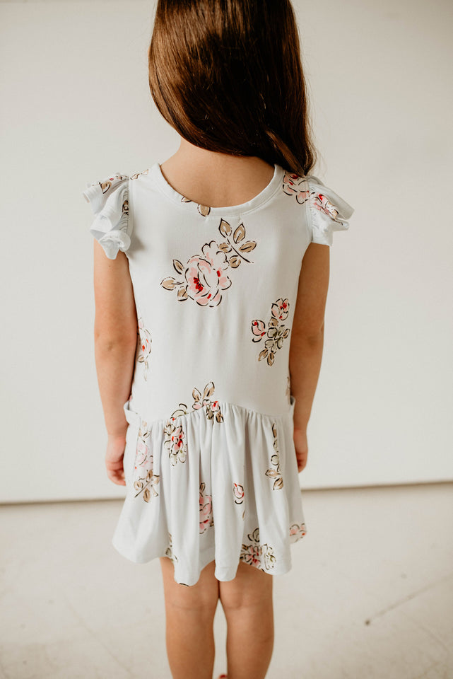 girls baby blue cotton jersey floral print flutter sleeve dress
