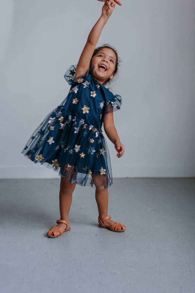 Little Girl's Navy Soft Tulle Lace Sequined Stars Dress