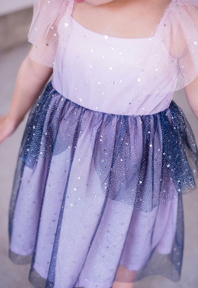 Little Girl's Pink and Navy Sparkle Tulle Flutter Sleeve Peplum Dress