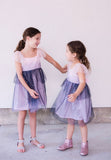 Little Girl's Pink and Navy Sparkle Tulle Flutter Sleeve Peplum Dress