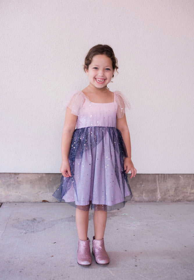 Little Girl's Pink and Navy Sparkle Tulle Flutter Sleeve Peplum Dress